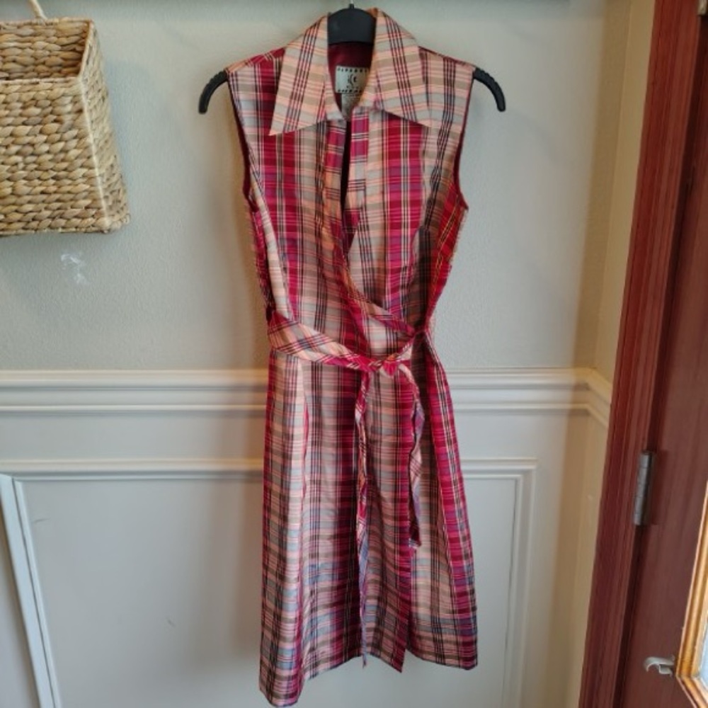 Vtg ICE Petite 100% Silk Plaid Shirt Dress Women 4P Collared Twee Belted Cottage